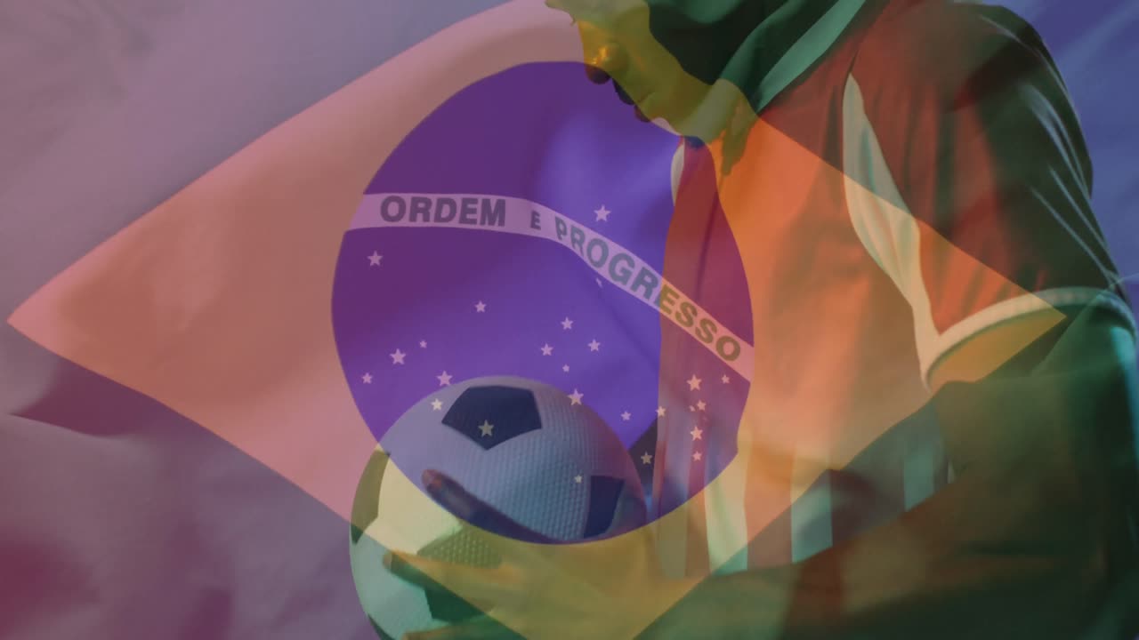 animación de un jugador de fútbol afroamericano sobre la bandera de brasil