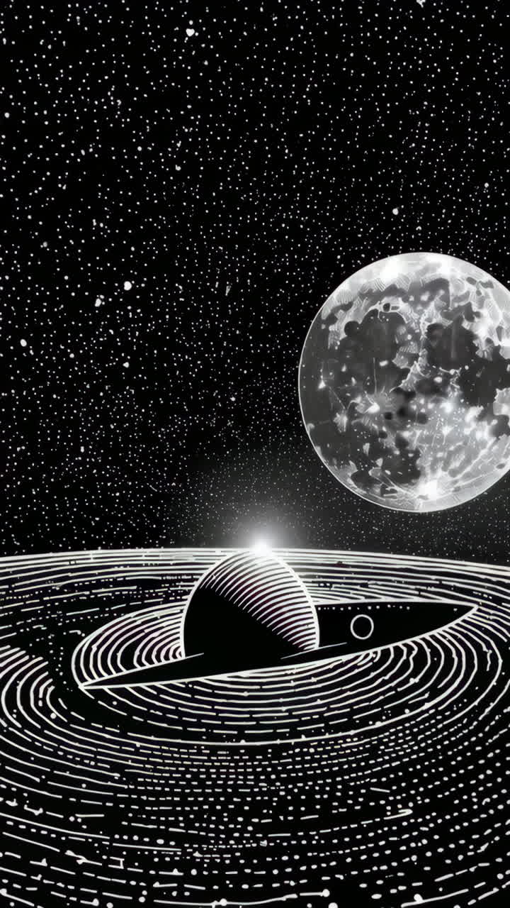 Black and White Cosmic Scene with Moon and Planet