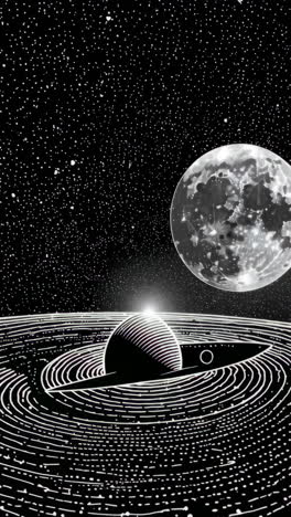 black and white cosmic scene with moon and planet