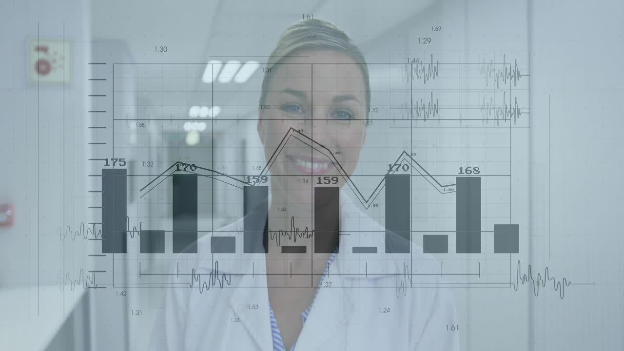 Female doctor standing in hospital corridor, showing floating medical charts and waveform data