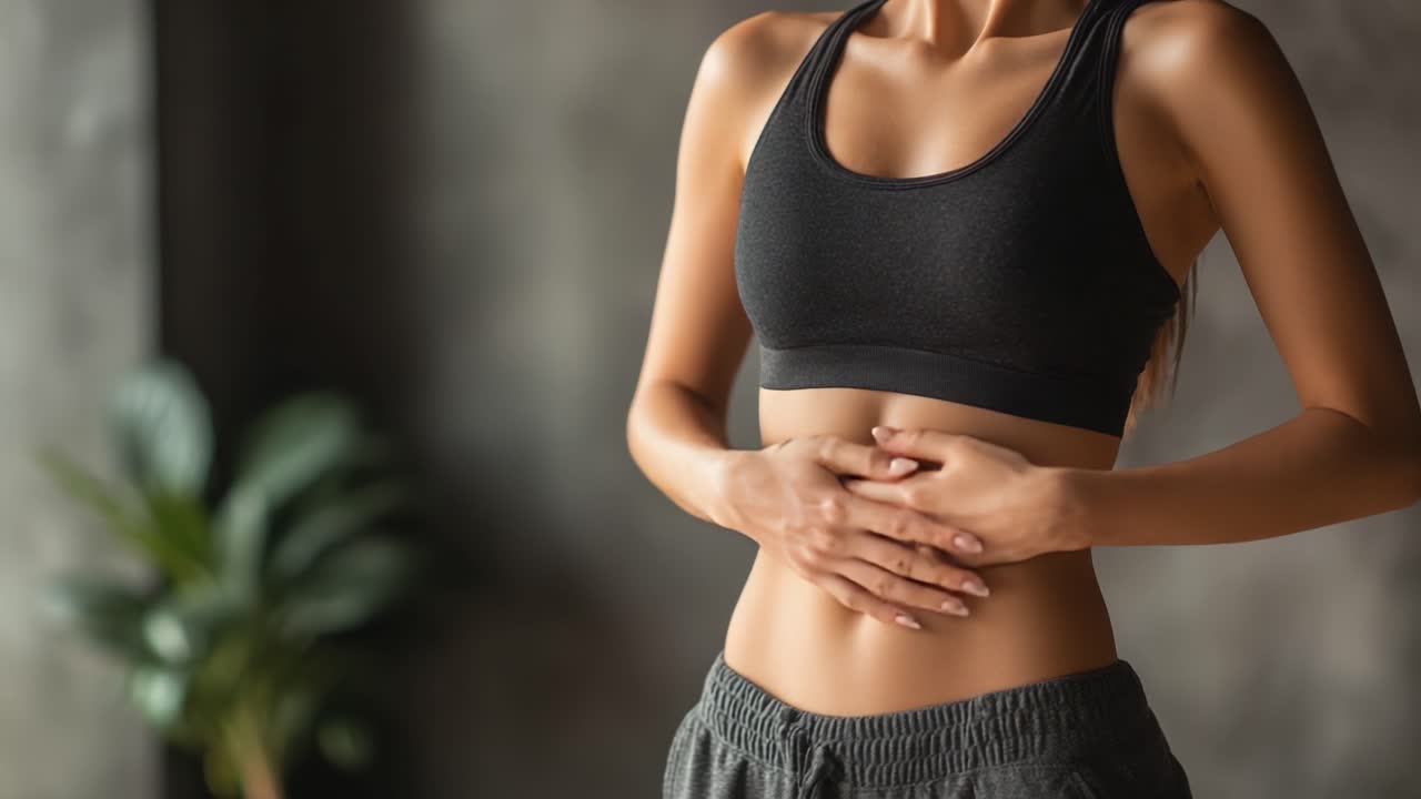 Una donna in abbigliamento sportivo si tiene delicatamente lo stomaco, in un momento calmo e contemplativo, un'immagine di salute, fitness e consapevolezza del corpo in un ambiente interno sereno.