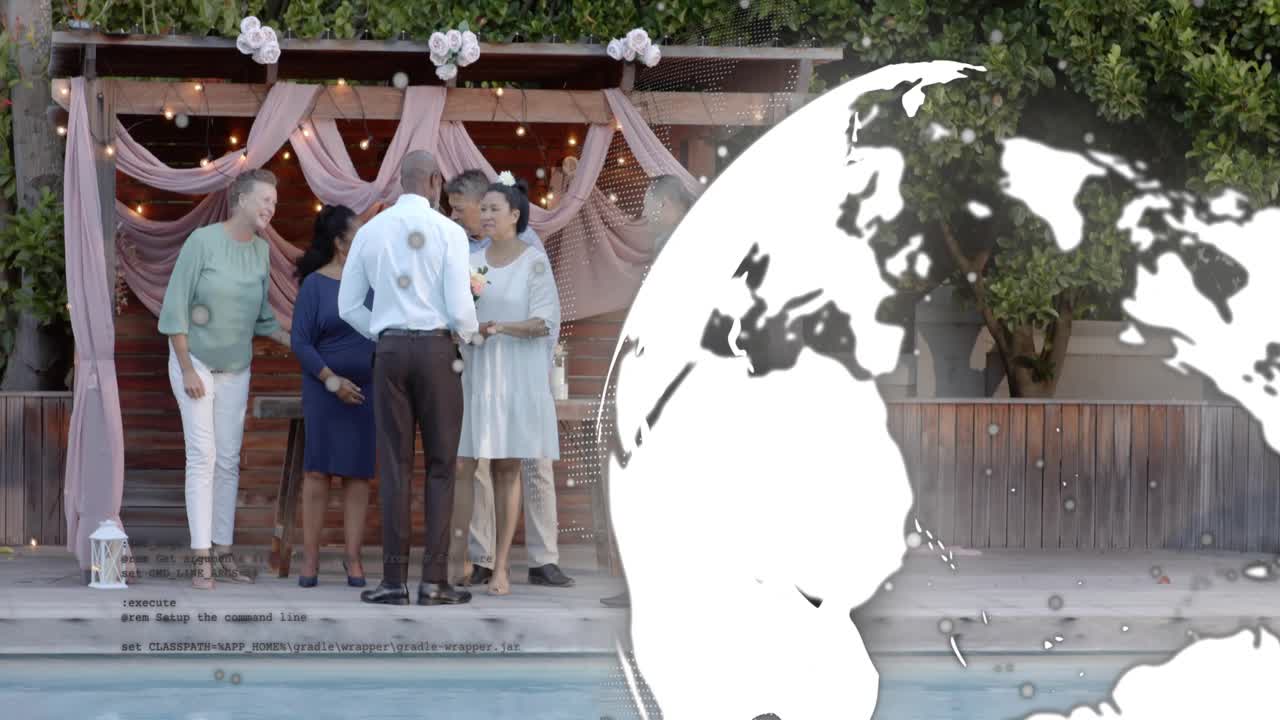 Bride holding bouquet, leading wedding group posing by pergola pool text, globe drifting