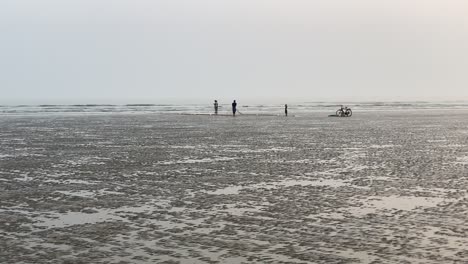 인도 벵골에 주차된 낚시 그물과 자전거를 타는 어부들이 있는 빈 해변의 먼 실루엣 전망