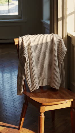 ribbed knit sweater draped over wooden chair in sunlight