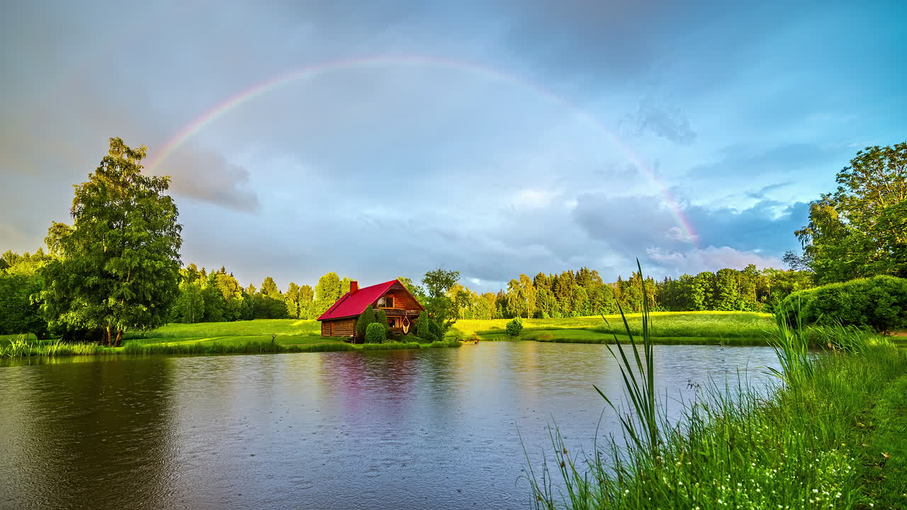 hoyo de pesca de arco iris doble, colores vibrantes con una tormenta pasajera y un lapso de tiempo de lluvia 4k