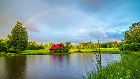 double rainbow fishing hole, vibrant colors with a passing storm and rain time lapse 4k