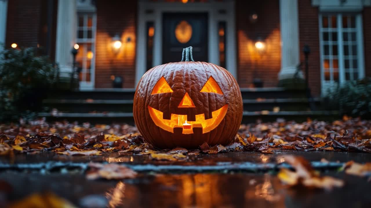 Halloween pumpkin on a leaf-covered porch