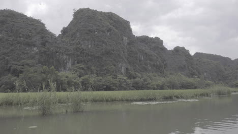 Sailing-across-the-rice-fields-in-Vietnam-on-a-tourist-boat-during-a-cloudy-day-with-mountains-and-rocks-LOG