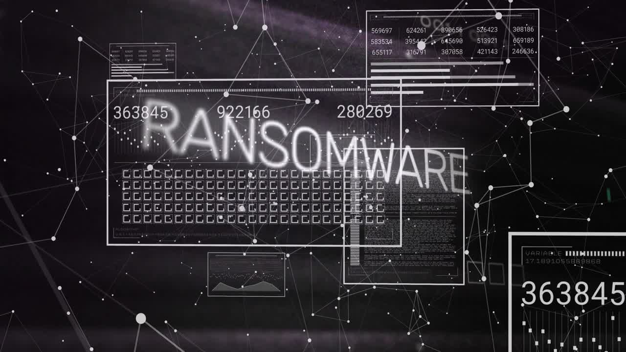 Animation of ransomware text over changing numbers, loading bars and connected dots