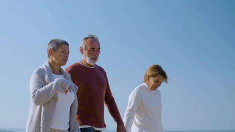 elderly friends strolling along sandy ocean shore