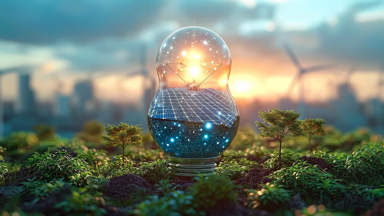 Lampadina con pannello solare al tramonto. Una lampadina è appoggiata a terra con un pannello solare all'interno. Il tramonto illumina lo sfondo con turbine eoliche