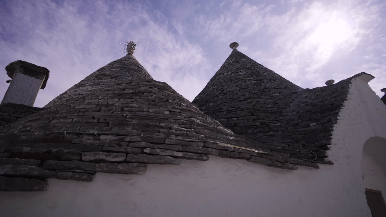 Conical Roofs Of Whitewashed Stone Huts Known As Trulli In Alberobello, Italy - low angle shot