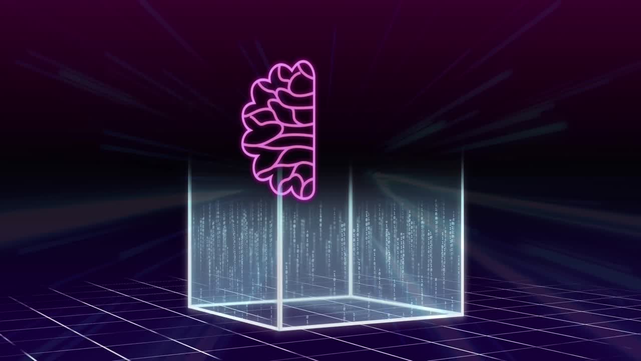 animación de procesamiento de datos ai e íconos sobre cubo y fondo oscuro