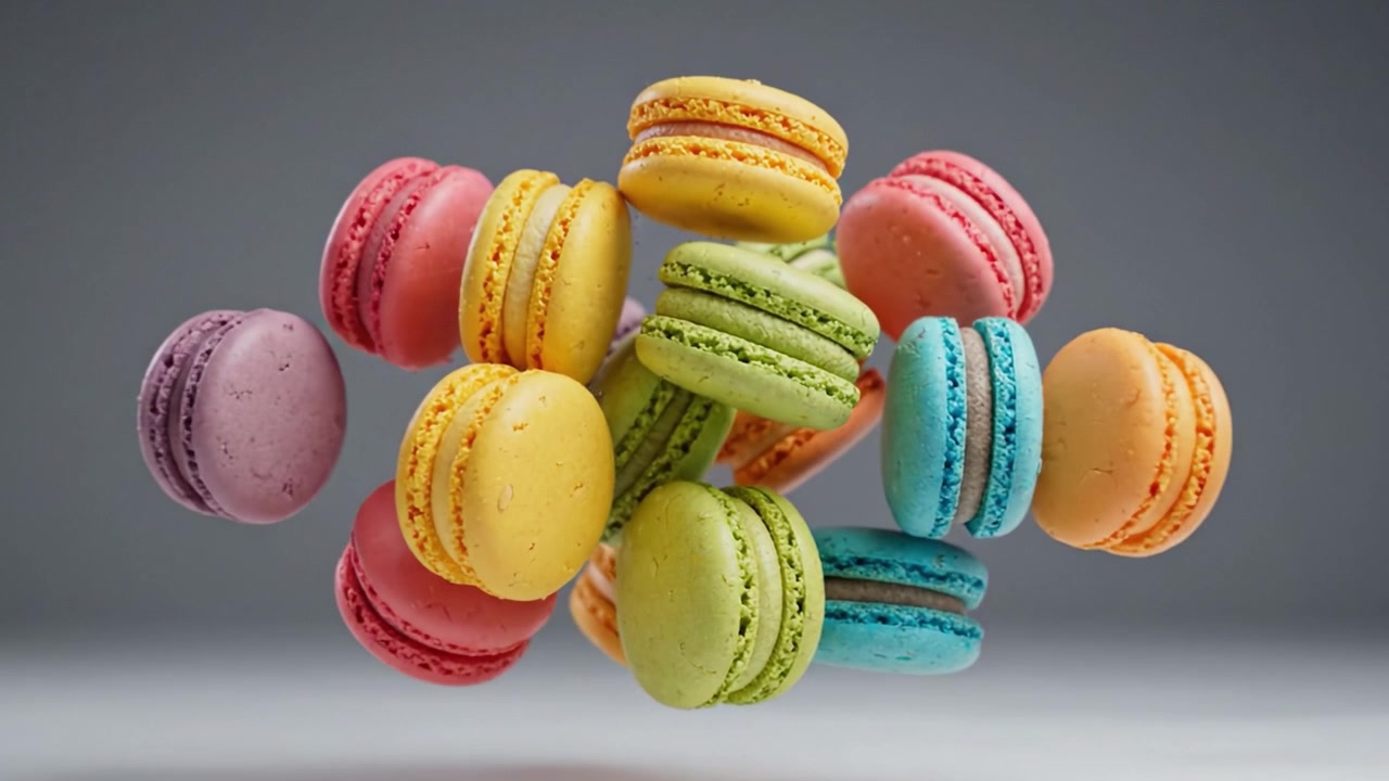A Colorful Arrangement of Macarons: An Eye-Catching Display of Delicious French Pastries Hovering in Mid-Air with a Variety of Flavors and Colors