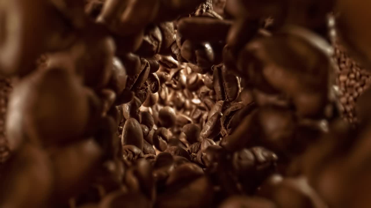 Primo piano di semi di caffè. Fragranti chicchi di caffè, super macro, primo piano. Ripresa con telecamera super slow motion a 1000 fps