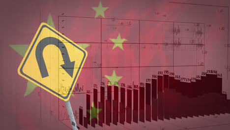 animation of financial data processing over road sign and flag of china