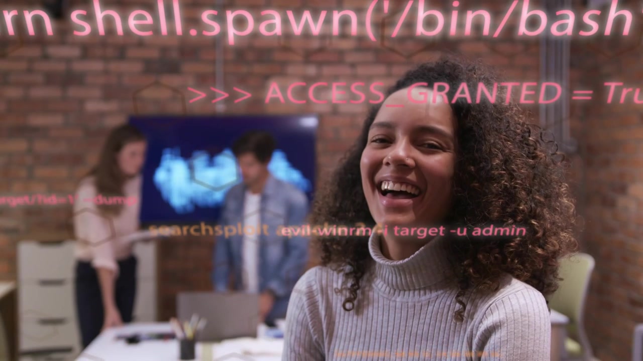 Woman standing in tech meeting while team tapping laptop causing ACCESS_GRANTED overlay, smiling