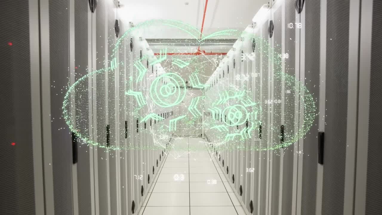animación de la nube de red y procesamiento de datos a través de servidores en la sala de servidores de computadoras