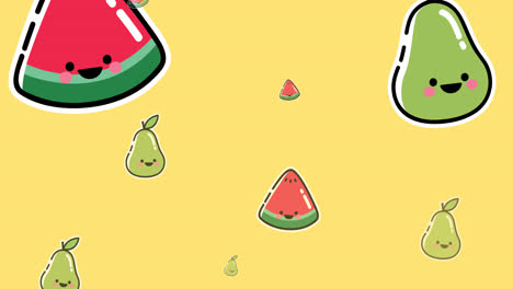 Animation-of-cartoon-watermelons-and-pears-floating-on-purple-background