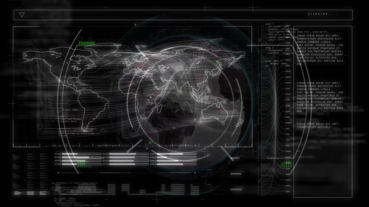 animación del mapa del mundo y procesamiento de datos diversos en pantalla digital