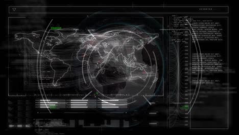 Animación-Del-Mapa-Mundial-Y-Procesamiento-De-Datos-Diversos-En-Pantalla-Digital