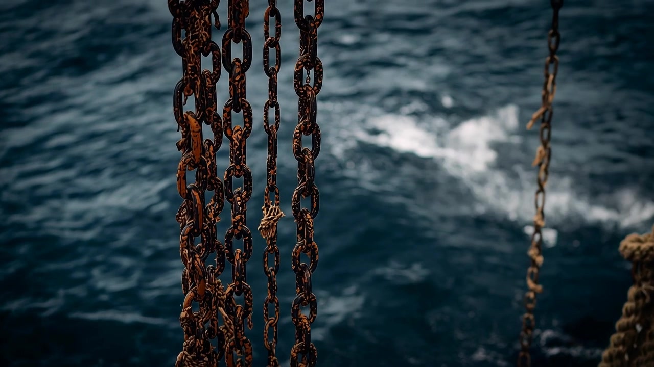 Catene arrugginite che ondeggiano, reagendo al vento e alle onde sul mare blu profondo, con la schiuma che scorre oltre la corda.