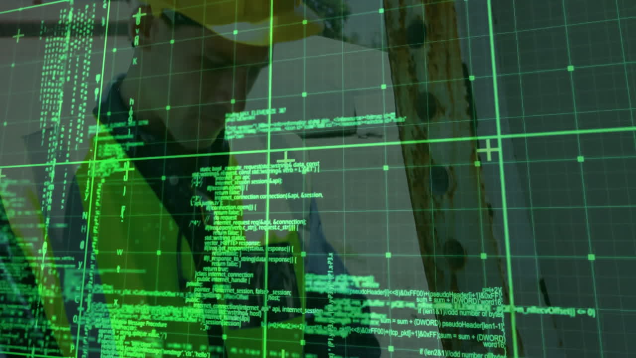 Designers monitoring technology interface overlay with neon green code grid and crosshair markers