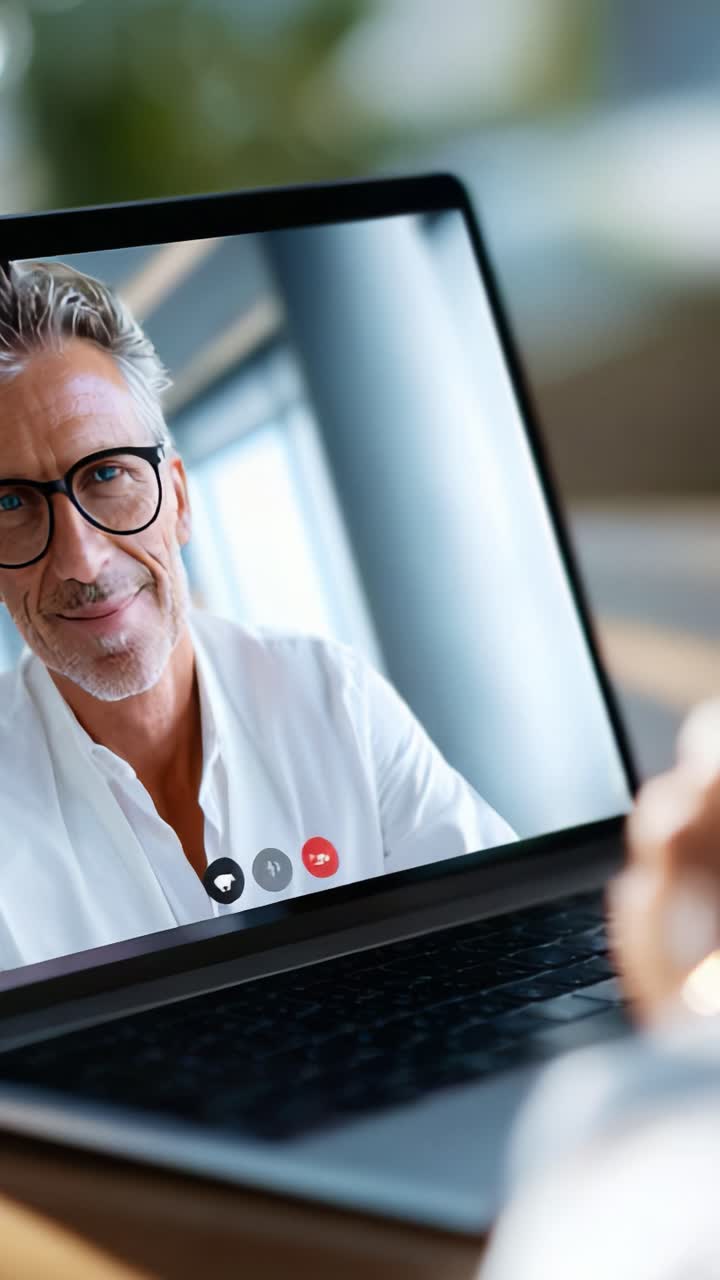 Conversación virtual atractiva: Un hombre reflexivo debate ideas durante una videollamada con un enfoque y una conexión claros dentro de un entorno de trabajo moderno