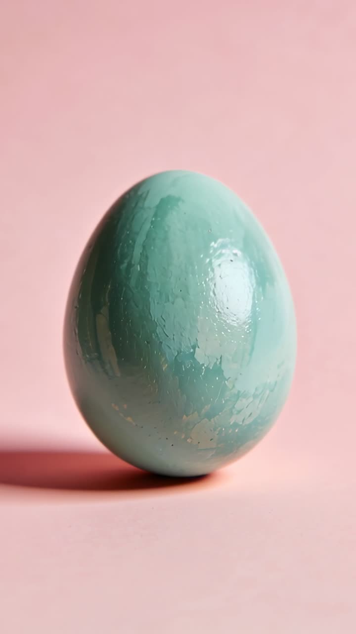 Teal-green egg rotating as camera shifts on pale-pink backdrop, revealing glossy texture for design