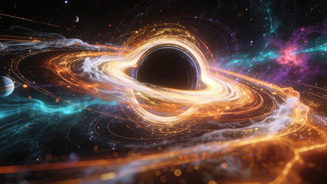 Revealing black hole with accretion disk, spiraling inward plasma in deep space as frames move