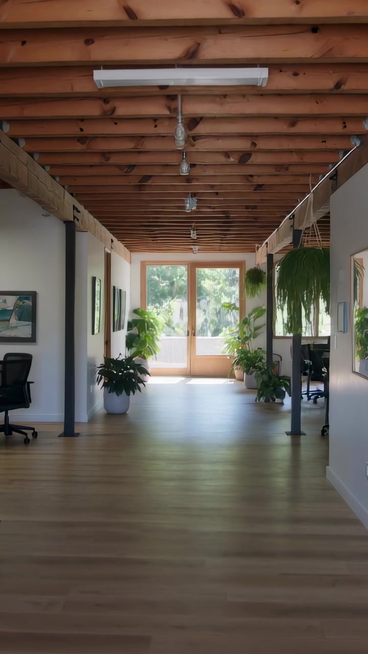 Vertical video: Starting camera tracking through corridor, revealing wooden beams and potted plants