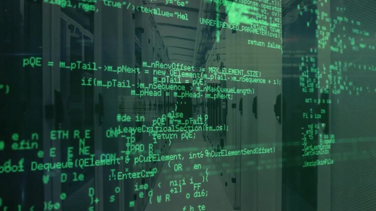 Animated green code beginning drifting over server aisle, shifting, thinning, revealing racks