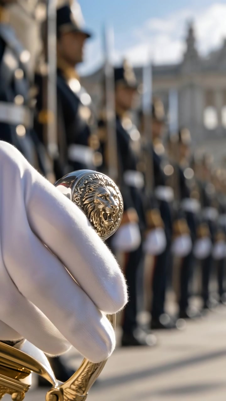 Polished gold-toned hilt and engraved curved guard fill foreground while white glove slides across handle, with an aligned row of uniformed figures and upright rifles blurred in daylight.