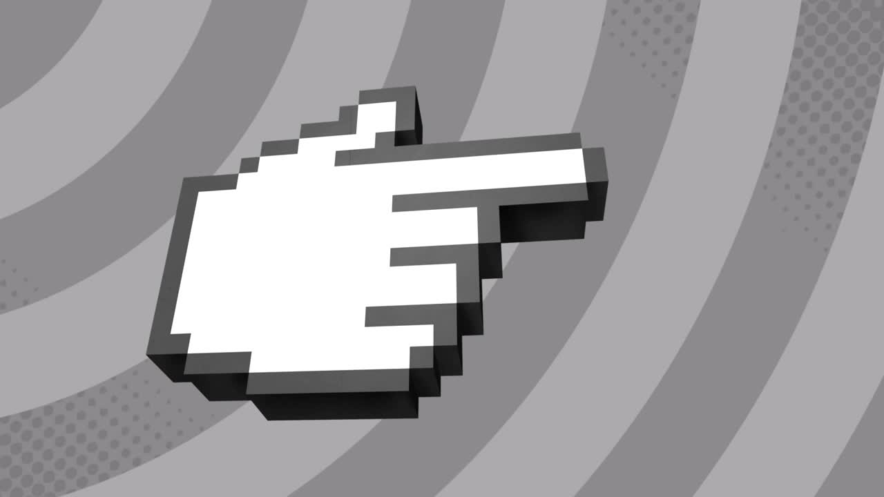 Animation of digital pixelated finger pointing right over rotating grey stripes moving seamless loop