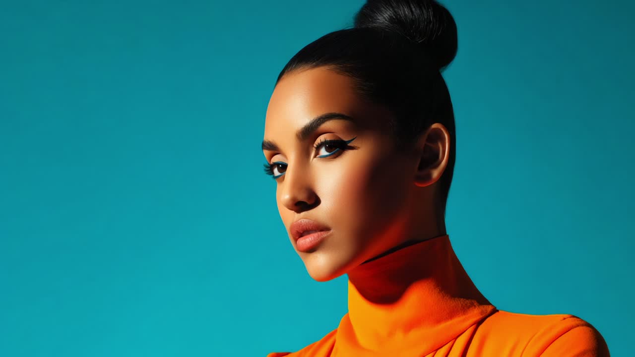 An Elegant Portrait of a Confident Model Showcasing a Striking Orange Outfit Against a Vibrant Turquoise Background, Capturing Both Beauty and Poise in a Stylish Fashion Setting