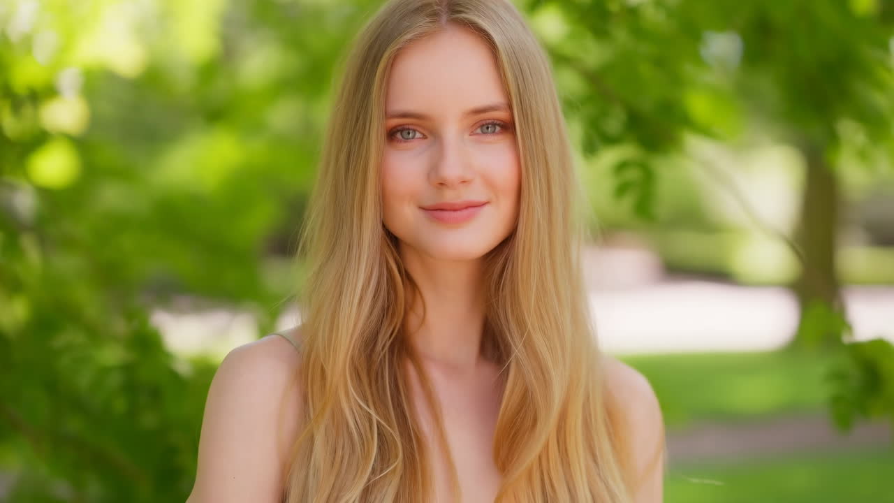 Ung blond kvinde smiler i en grøn park
