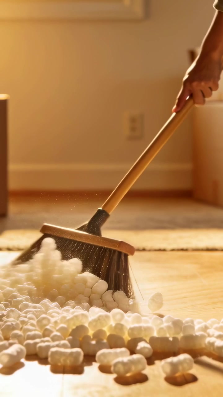 Vertical video: Sweeping hand with broom moving packing peanuts at home after move