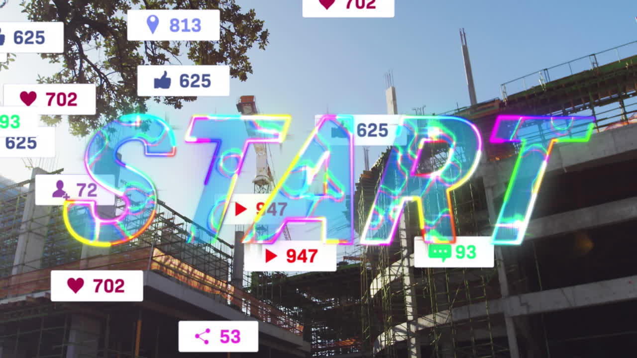 시내 풍경 위에서 성장하는 시작 텍스트와 숫자의 애니메이션