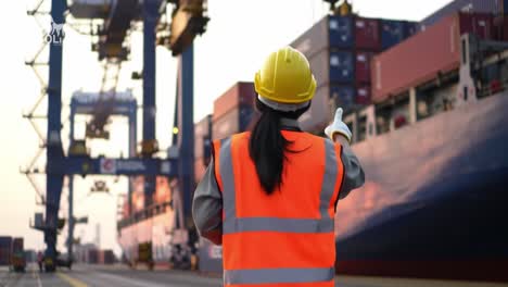 a focused worker observes shipping operations at a bustling port, ensuring the swift handling and transfer of cargo containers during a vibrant sunset.