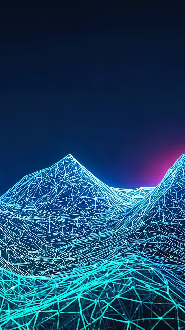 Vertical video: View drifting revealing cyan mesh shifting ahead over navy sky, magenta glow rising