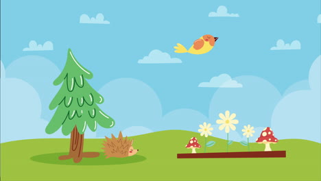 pino con animales y animación de jardín