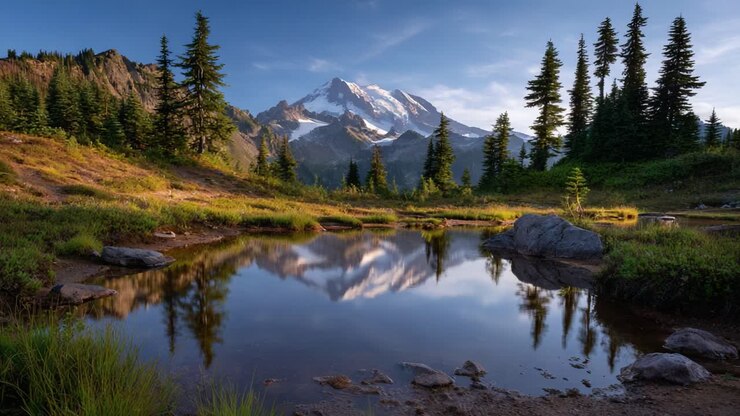 Serene Mountain Landscape with Reflective Pond and Lush Greenery Under Clear Sky, Capturing Nature's Beauty and Tranquility in a Vibrant Scene