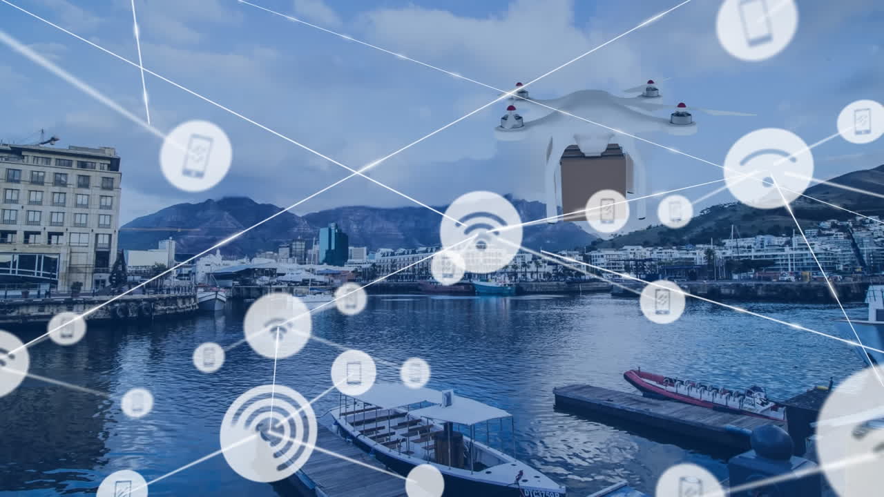 패키지를 운반하는 드론을 통해 아이콘으로 연결된 네트워크의 애니메이션