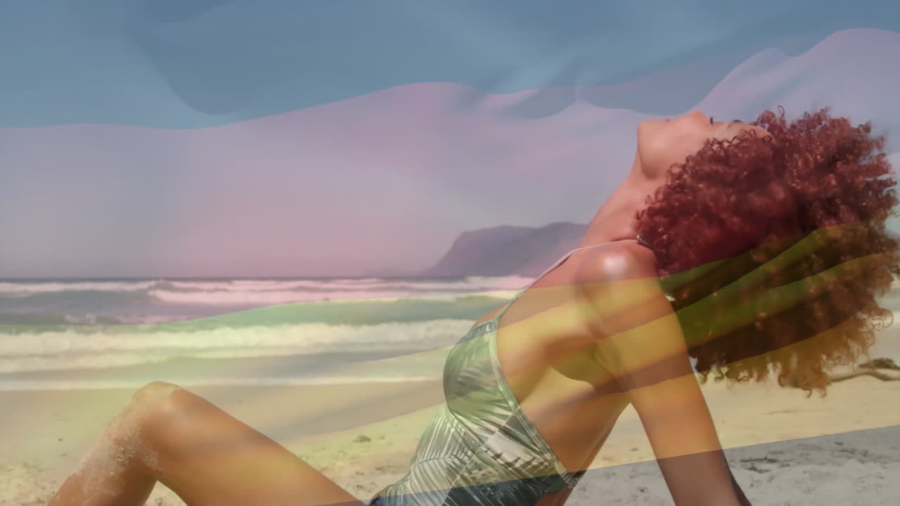 Relaxing on beach, woman with colorful animation overlay and ocean waves behind