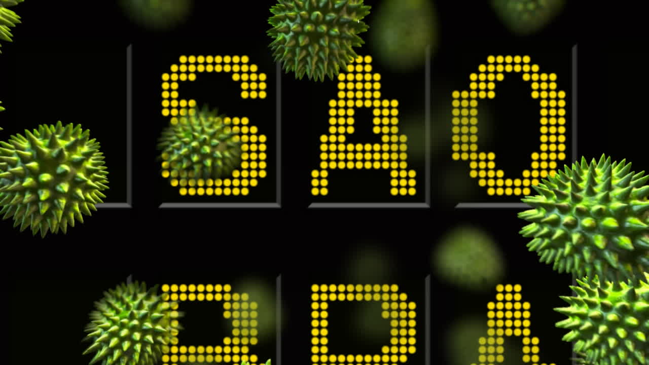 Digital animation of multiple green covid-19 cells floating against airport information board