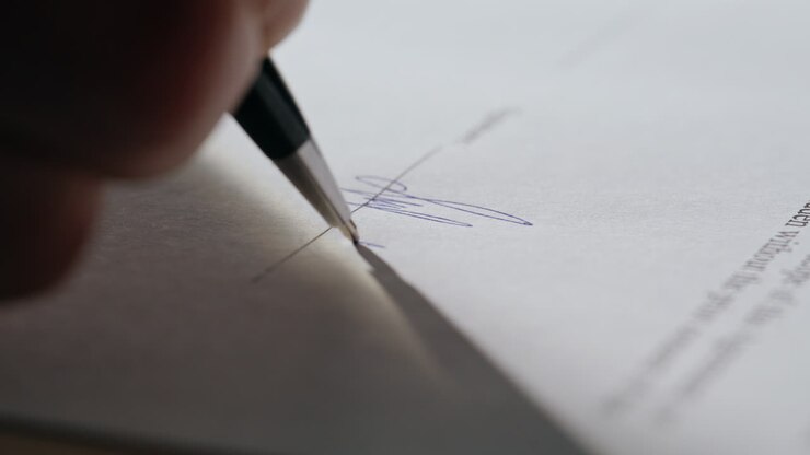 Primo piano di una mano che firma un documento su una scrivania d'ufficio. Un uomo d'affari appone la sua firma