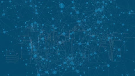 animación de la red de conexiones sobre la ciudad digital sobre fondo azul