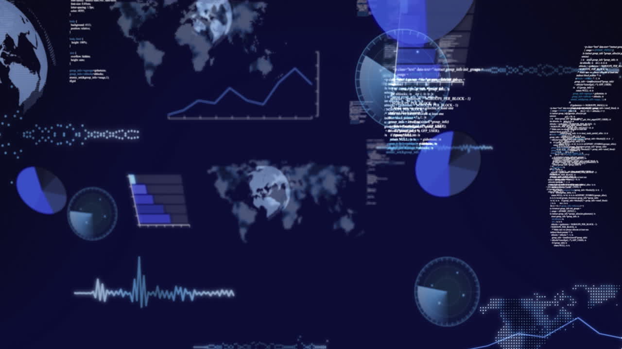 Animation of spinning globe, world map and data processing against blue background