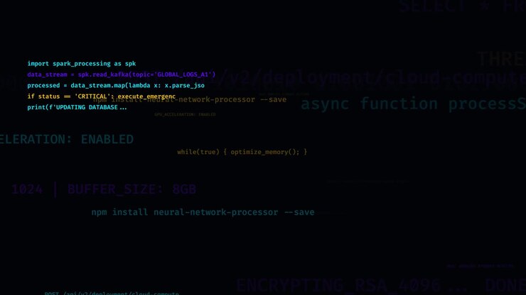 Linee di codice di programmazione che scorrono su uno schermo scuro