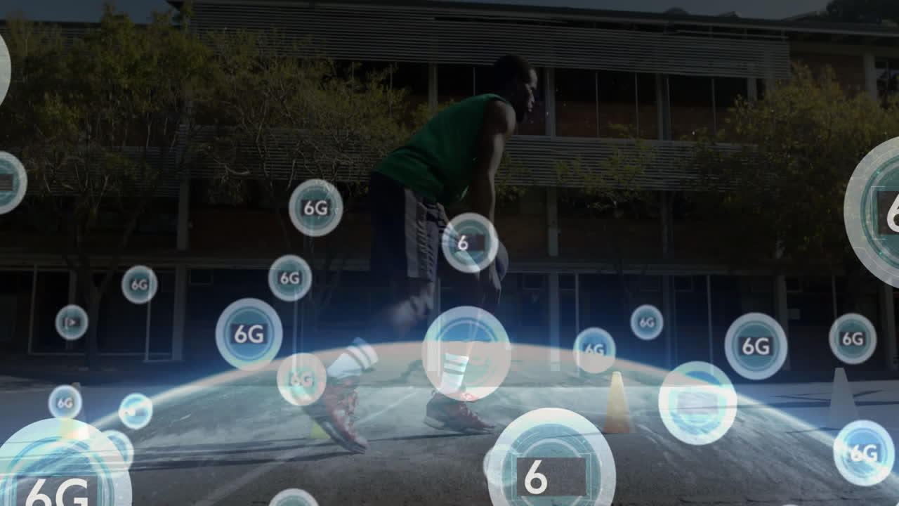 Playing basketball with 6G technology animation overlay in outdoor court